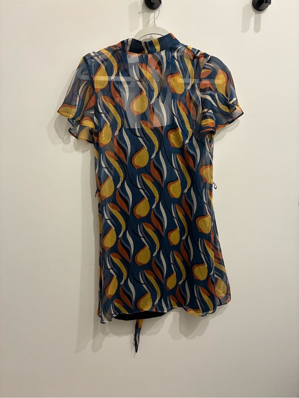 Sheer Navy Mini Dress with Yellow & Orange Abstract Print